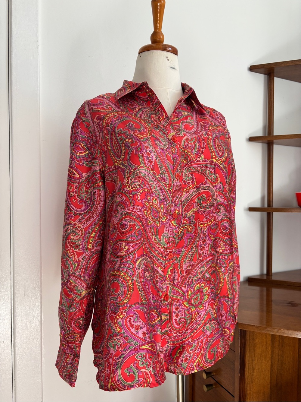 Jones New York Red Paisley 100% Silk Button-Down Blouse - Picture 3 of 5